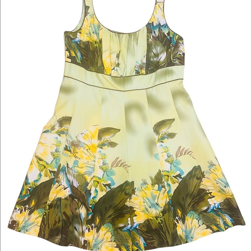 R & M Richards Light Green Floral Midi Dress with Yellow and Olive Accents